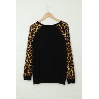 Black Round Neck Leopard Print Sequin Long Sleeve Top