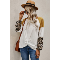 Leopard Long Sleeve Waffle Knit White Blouse with Twist Knot