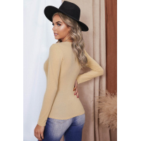 Khaki U Neck Button Knit Long Sleeve Top