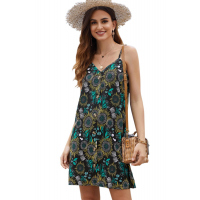 Black Floral Pattern Buttoned Slip Cami Dress