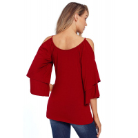 Burgundy Layered Sleeves Ruffled Off Shoulder Blouse