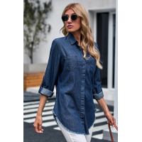 Blue Roll up Long Sleeves Frayed Hem Denim Shirt