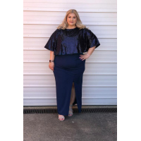 Blue Sequin Cape Plus Size Maxi Dress