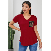 Red Leopard Printed Splicing T-Shirt