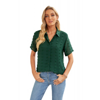 Green Buttoned Swiss Dot Turn-down Collar Short Sleeve Shirt