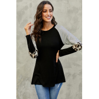 Black Striped and Leopard Color Block Sleeves Top