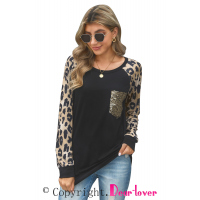 Leopard Round Neck Sequin Long Sleeve Top