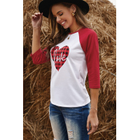 Buffalo Plaid Love Heart Colorblock Raglan 3/4 Sleeve Top