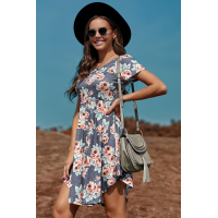 Gray Floral Print Short Sleeve Pleated Mini Dress