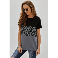 Black Leopard Print Color Block Short Sleeve T-Shirt