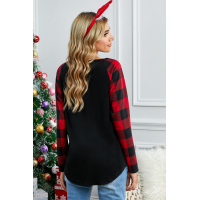 Sequined Pocket Plaid Raglan Black Top