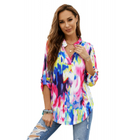 Multicolor Tie Dye Button Tab-Sleeve V-Neck Blouse