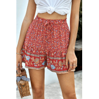 Red Summer Boho Floral Print A-line Elastic Waist Shorts