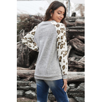 Gray Round Neck Leopard Long Sleeve Top