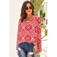 Red Long Sleeve V Neck Printed Chiffon Blouse