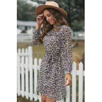 Leopard Ruffled Zipper Lantern Sleeve Mini Dress