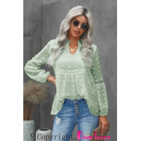 Green Ruffled Split Neck Lace Hollow Out Puff Sleeve Polka Dot Blouse