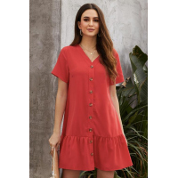 Red Pocketed Button Ruffle Dress