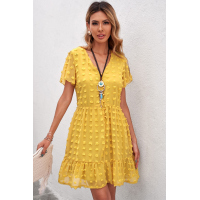 Yellow Polka Dot V Neck Ruffled Short Sleeves Mini Dress