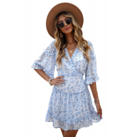 Sky Blue Lace-up Back Ruffled Floral Print Dress