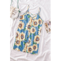 Sky Blue Sunflower Pattern Buttoned Slip Cami Dress