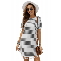 Crew Neck Striped T-shirt Mini Dress with Tassel