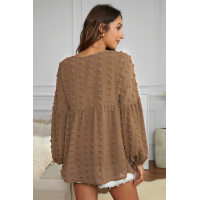 Brown V Neck Polka Dot Lantern Sleeve Top