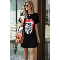 Black Lip Print Summer Casual Tee Mini Dress