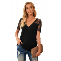 Black Sweet Side Lace Deep V Neck Top T-shirt