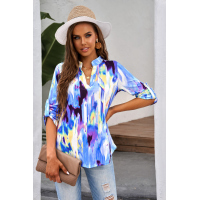 Sky Blue Tie Dye Button Tab-Sleeve V-Neck Blouse