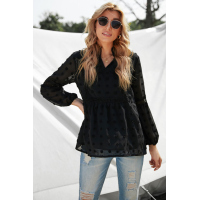 Black Ruffled Split Neck Lace Hollow Out Puff Sleeve Polka Dot Blouse