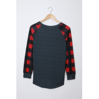 Leopard Christmas Tree Print Splice Red Plaid Long Sleeve Top