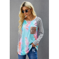 Sequin Pocket Tie-dye Panel Striped Sleeve Top