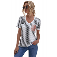 V Neck Striped T-shirt with Patch Pocket