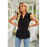 Black Turn-down Collar Ruffle Polka Dot Tank