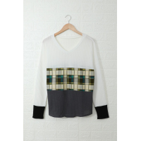 Green Plaid Color Block V Neck Long Sleeve Top