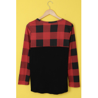 Plaid Print Patchwork Black Long Sleeve Top