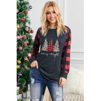 Leopard Christmas Tree Print Splice Red Plaid Long Sleeve Top