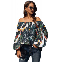 Green Leaves Print Elastic Neck Off Shoulder Top