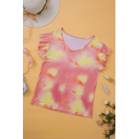 Orange Tie-dye Print Ruffled Sleeves T-shirt