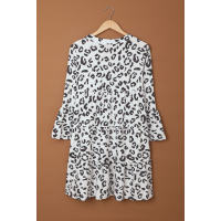 White Leopard Print V neck Ruffle Swing Mini Dress