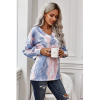 Long Sleeve Tie Dye Print V Neck Top