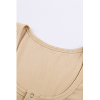 Khaki U Neck Button Knit Long Sleeve Top