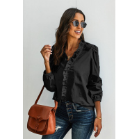 Black Long Sleeves Ruffles Blouse