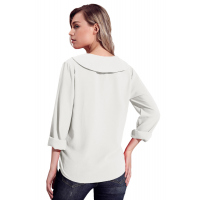 White Lapel V Neck Roll Sleeve Blouse