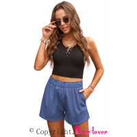 Blue Cotton Blend Pocketed High Rise Shorts 