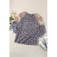 Sequin Shoulder Splicing Leopard Long Sleeve Top