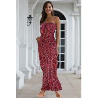 Red Bohemian Bandeau Floral Print Maxi Dress