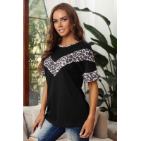 Black Leopard Splicing Waffle Knit Short Sleeve Tee