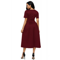 Claret Split Neck Short Sleeve Midi Dress with Bowknots